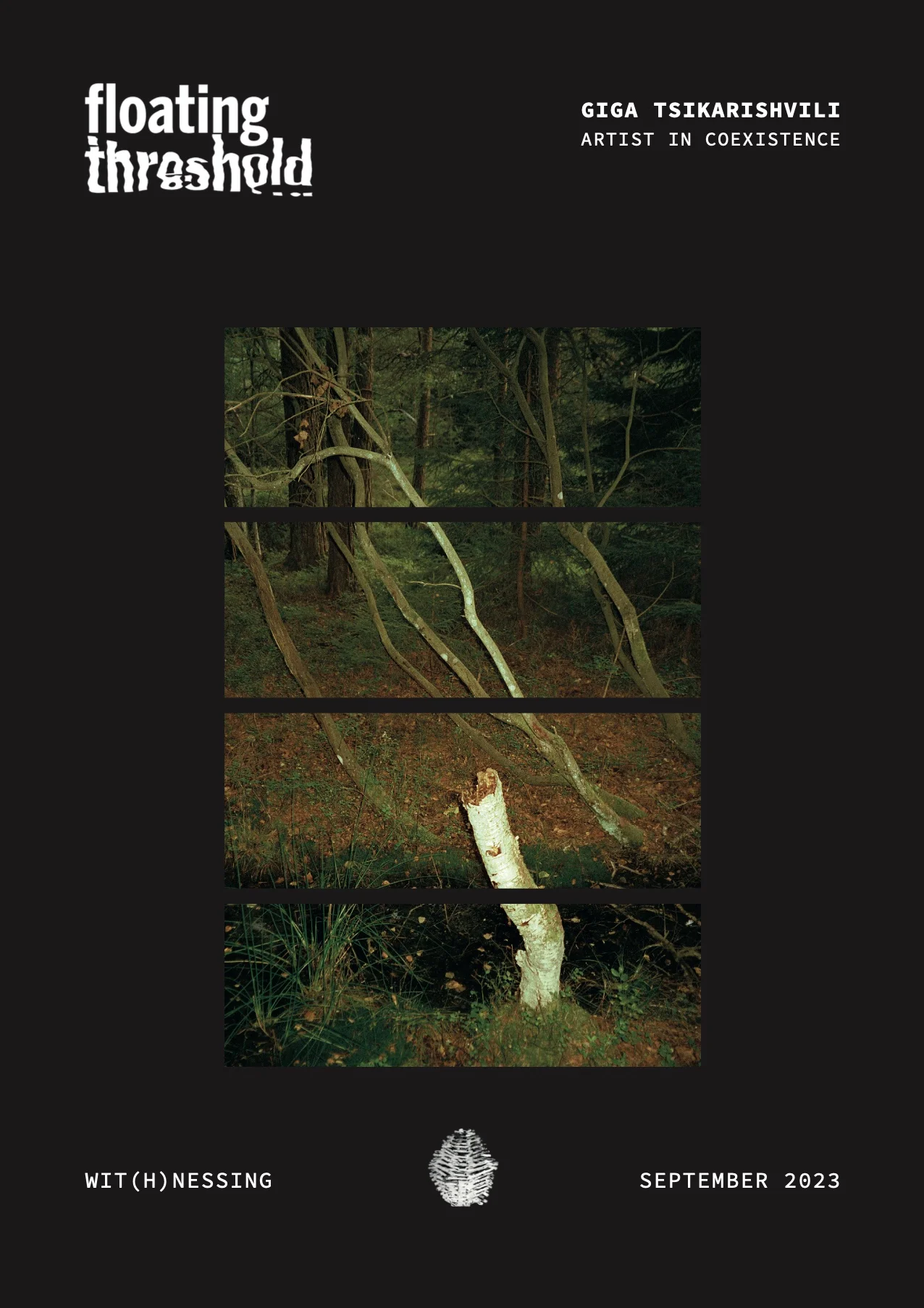A black poster with four horizontal bands of woodland photographs, titled "floating threshold".