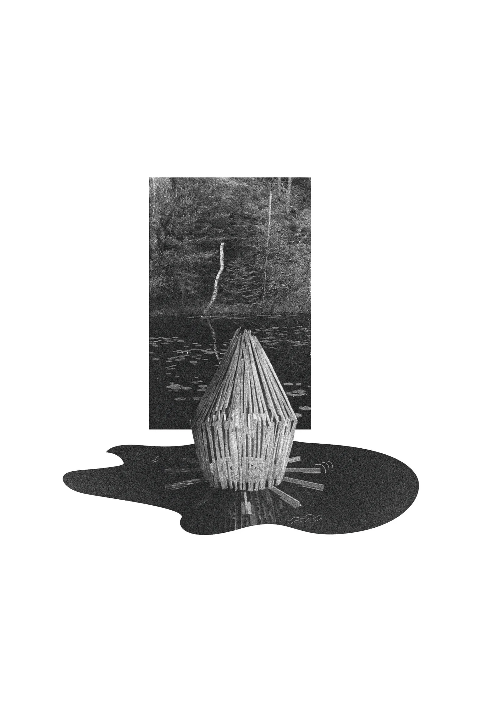 A collage on white: a tall conical structure of thin timber staves standing on a black pool of ink, set against a photograph of a dark forest pond.