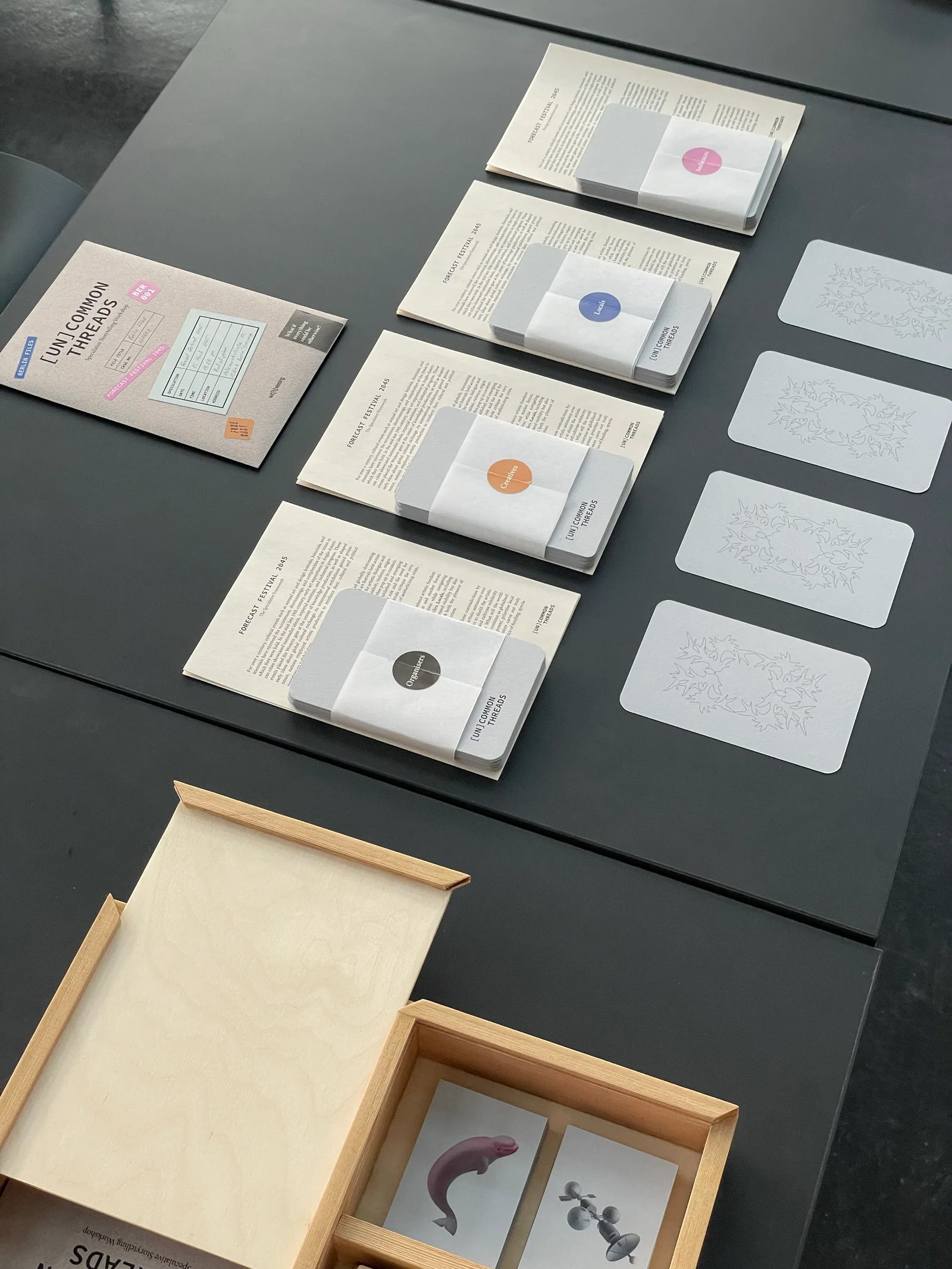Four printed briefs laid out on a dark green table, each holding a folded deck of [UN]COMMON THREADS cards marked with a coloured stakeholder disc—Organisers, Creatives, Locals and Audiences—with four patterned blank cards below.