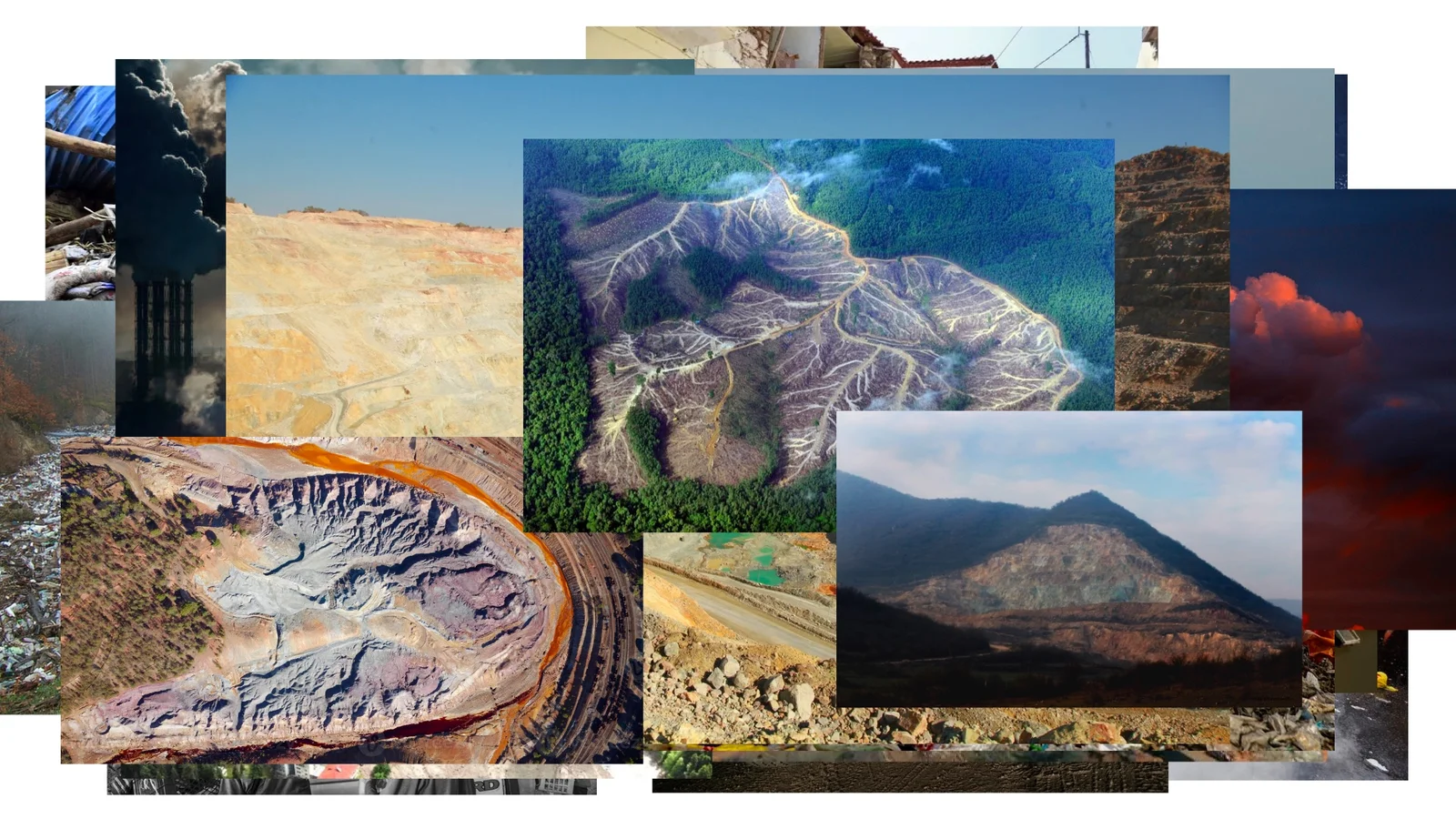 A collage of overlapping photographs of open-cast mines, terraced quarries, cleared hillsides and industrial smoke.